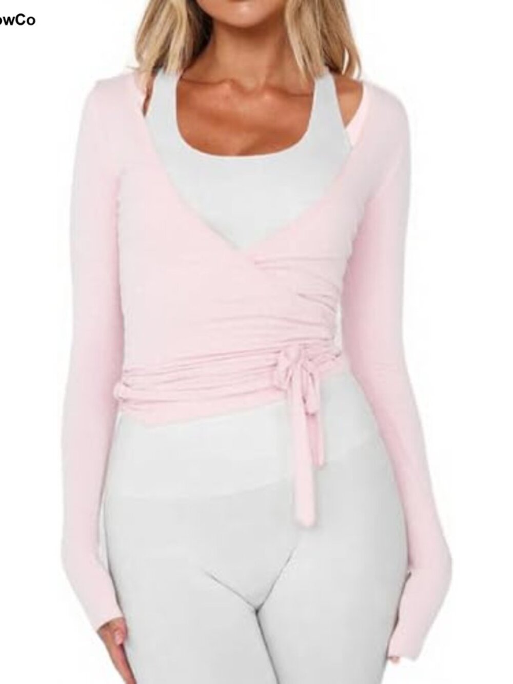 Womens Y2K Long Sleeve Ballet Wrap Top Self Tie V-Neck Coquette Yoga Pilates
